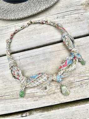 Handcrafted SILK scarf boho rustic paisley necklace w sea glass/natural stones